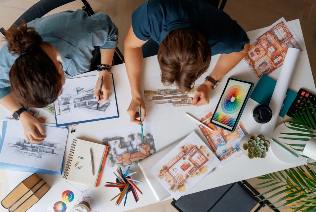 Design students working on an art project for their college class.